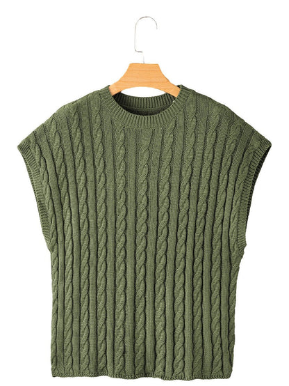 Green Jungle Cable Knit Short Sleeve Sweater with Crew Neck