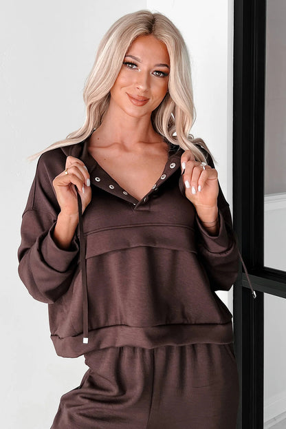 Chicory Coffee Button Drawstring Cropped Hoodie Sweatpants 2pcs Set