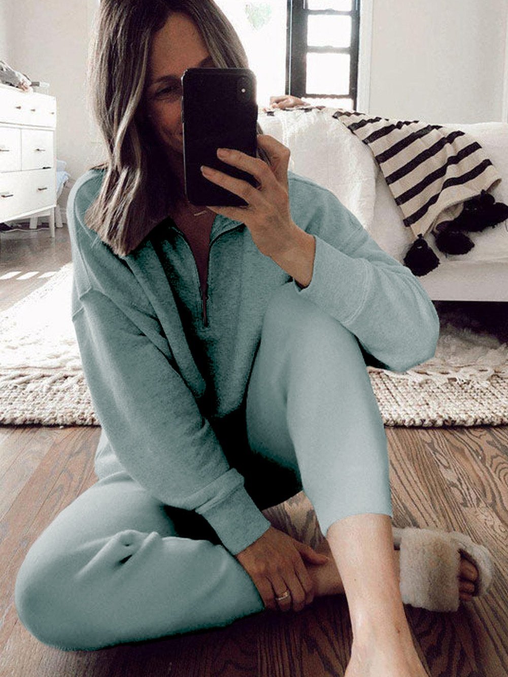 Iceland Blue Cozy Lounge Set with Half Zip Neck and Drawstring Pants