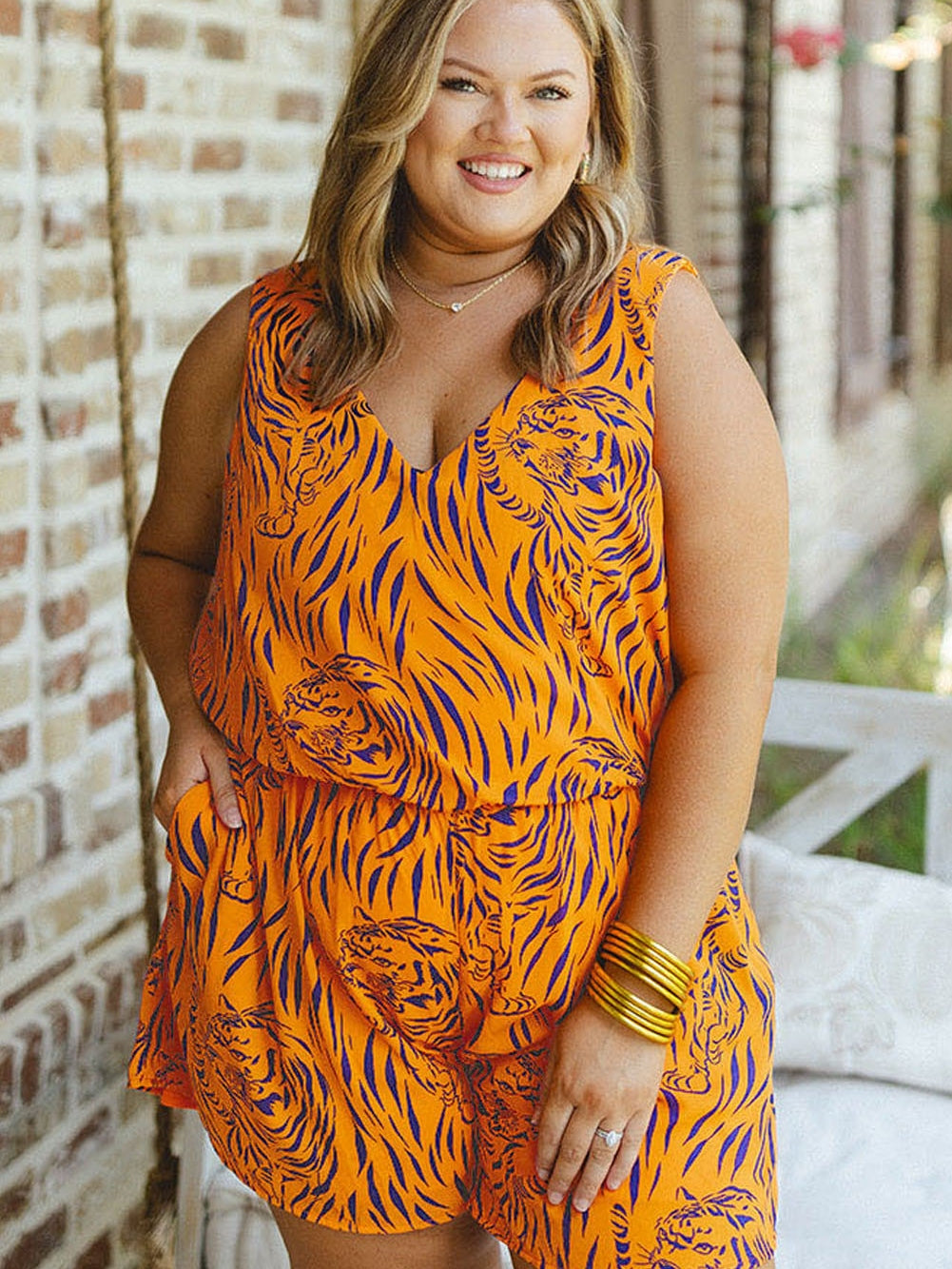 Sunny Plus Size Tiger Stripe V Neck Sleeveless Romper