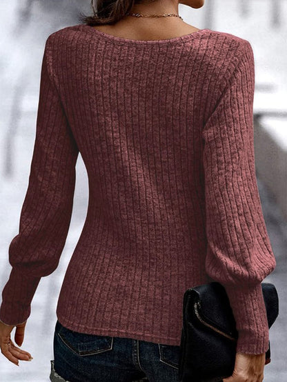 Elegant Red Ribbed Bishop Sleeve Top with Round Neck