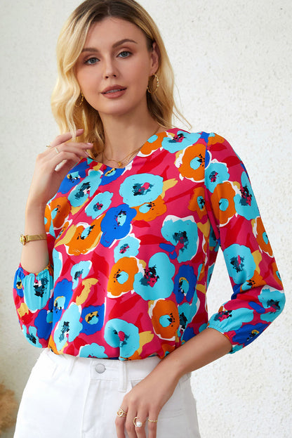 Elegant Rose Floral V Neck Blouse with Bracelet Sleeves