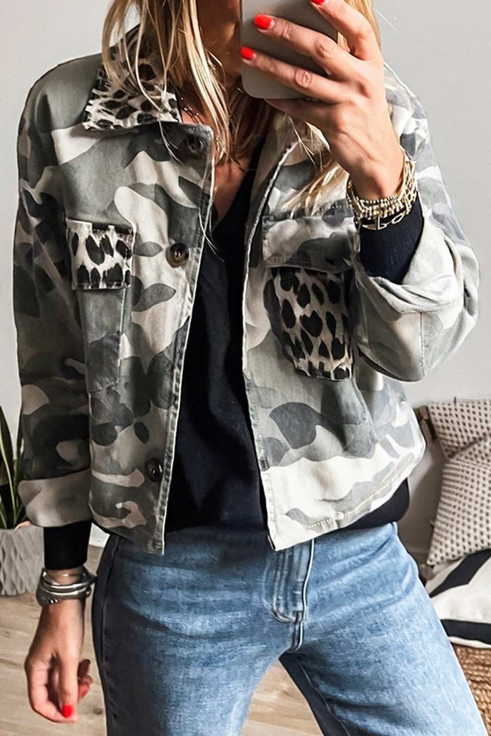 Green Camo Leopard Patchwork Flap Pocket Crop Jacket