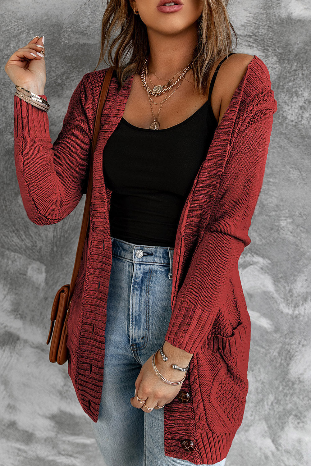 Burgundy Front Pocket and Buttons Closure Cardigan