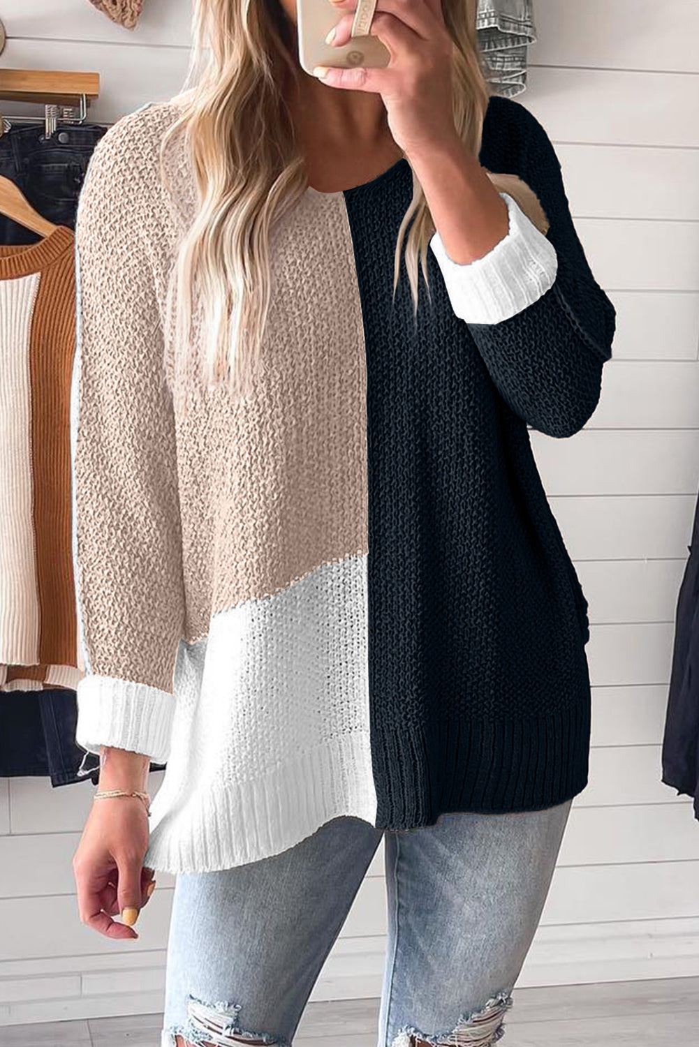 Black Color Block Knit V Neck Loose Sweater