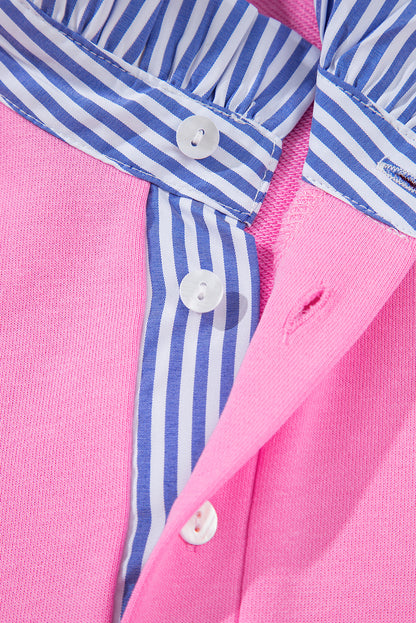 Pink Contrast Striped Collar Patchwork Puff Sleeve Ruffle Hem Mini Dress