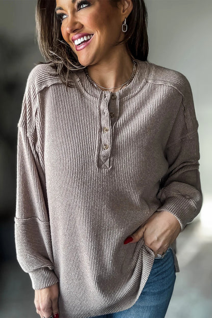 Smoke Gray Brushed Ribbed Knit Exposed Seam Drop Shoulder Henley Top