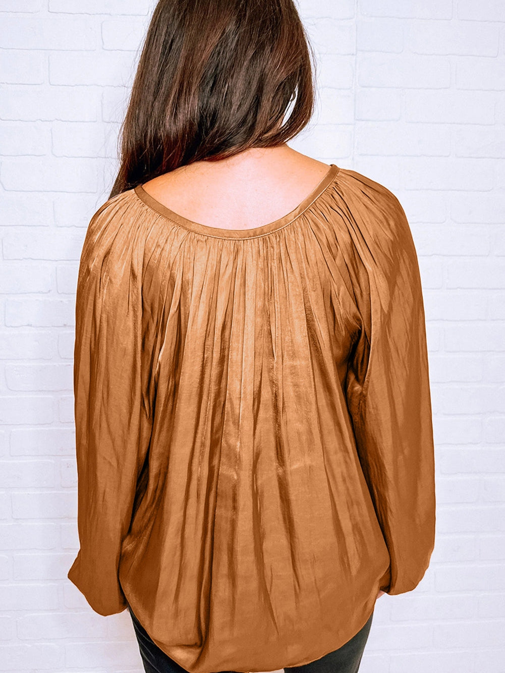 Graceful Camel Satin Pleated V Neck Puff Sleeve Blouse