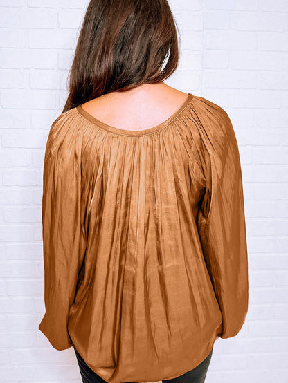 Graceful Camel Satin Pleated V Neck Puff Sleeve Blouse
