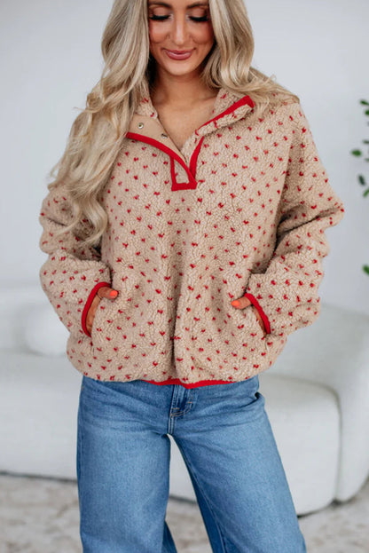 Khaki Snap Button Contrast Trim Neck Dotty Allover Sherpa Pullover Sweatshirt