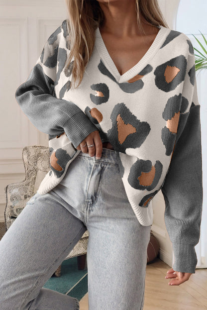 High-rise Leopard Print Color Block Patchwork Sleeve V Neck Sweater