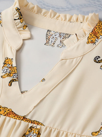 Apricot Leopard Print V-Neck Puff Half Sleeve Blouse