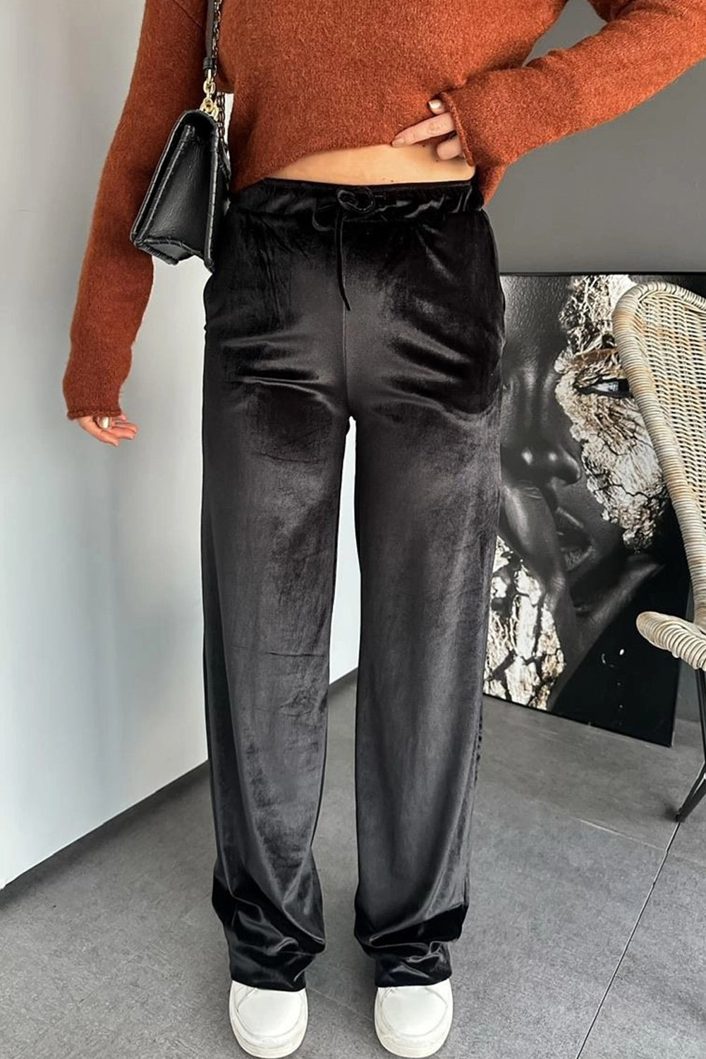 Black Shiny Velvet Drawstring High Waist Straight Leg Casual Pants