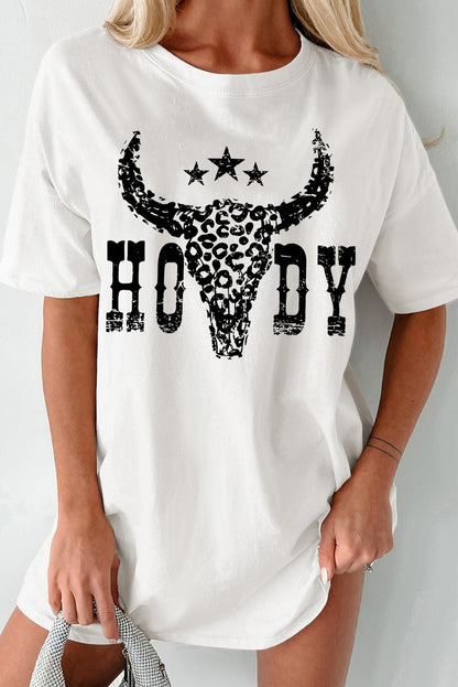 HOWDY Cheetah Steer Head Printed White Oversized Tee