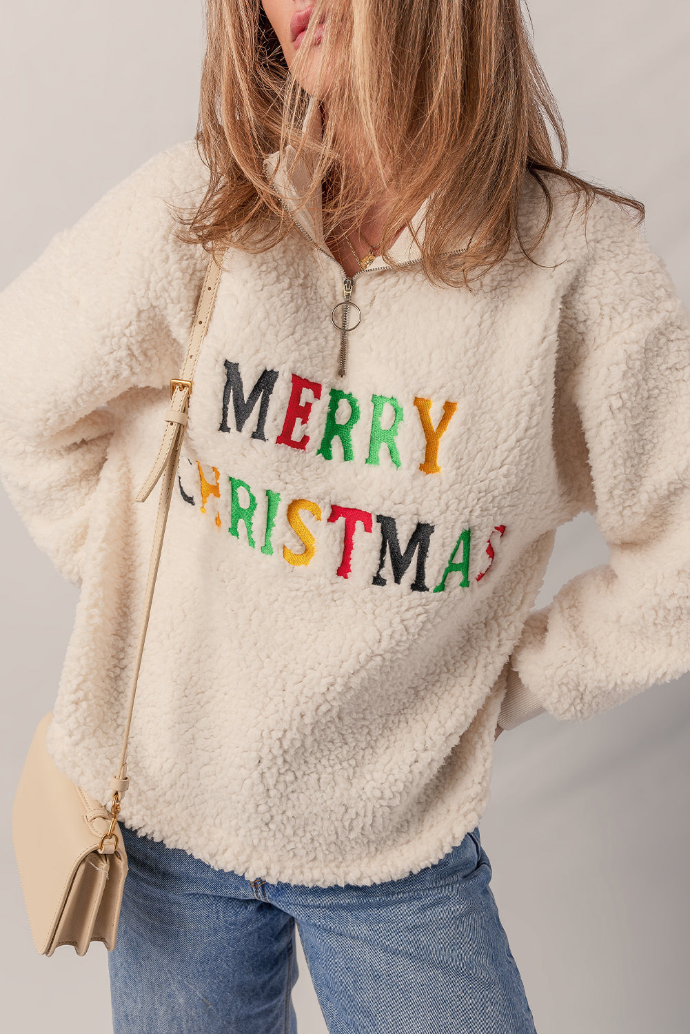 Jet Stream MERRY CHRISTMAS Colorful Letter Embroidery Quarter Zip Sherpa Sweatshirt