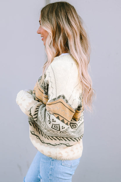 Khaki Aztec Print V Neck Sweater with Ribbed Texture