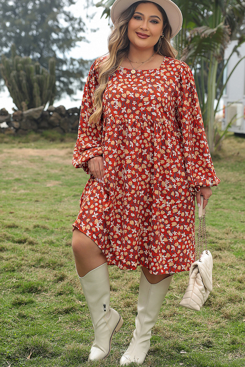 Elegant Gold Floral Square Neck Bubble Sleeve Plus Size Midi Dress