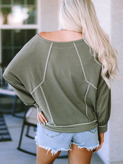 Green Exposed Stitch Detail Dolman Sleeve Patchwork Blouse