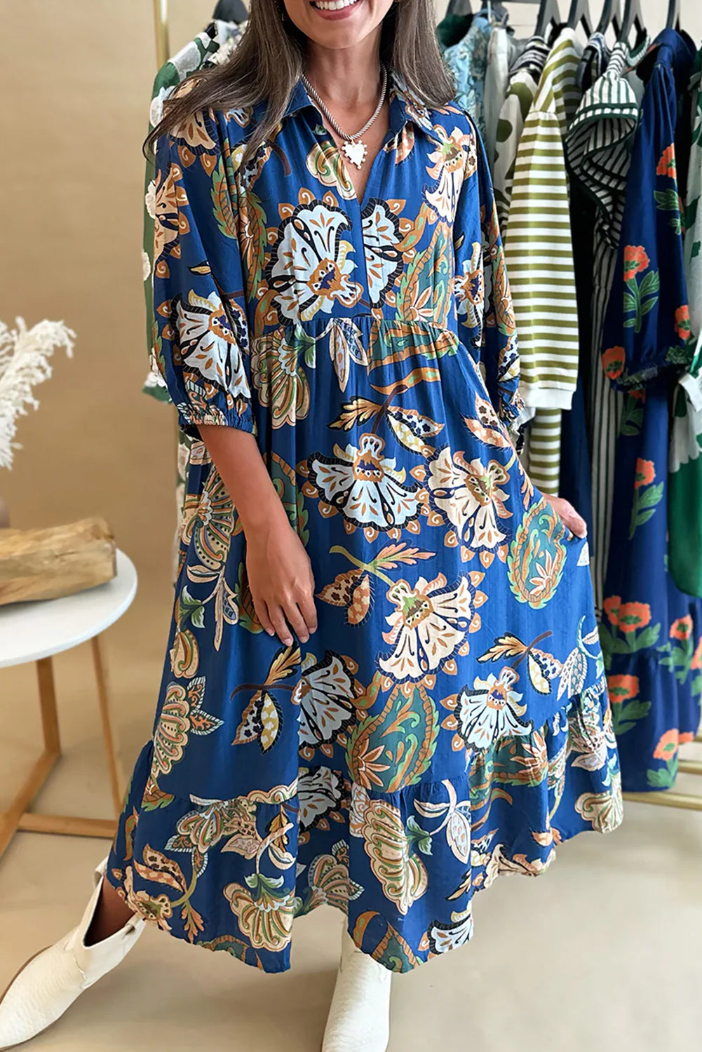 Blue Floral Paisley Print Shirt Collar 3/4 Sleeve Midi Dress