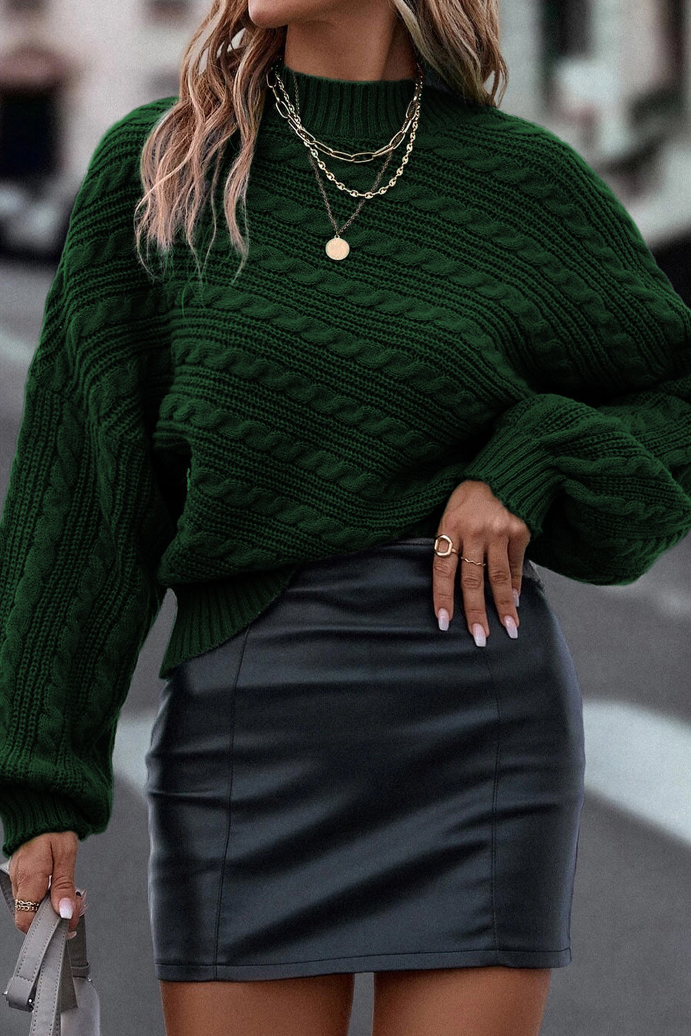 Green Lantern Sleeve Mock Neck Cable Knit Sweater