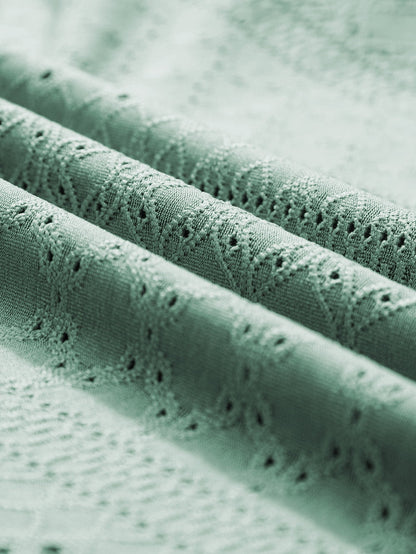 Green Jacquard V-Neck Plus Size Blouse with Petal Sleeves