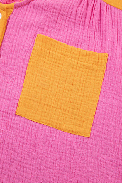 Rose Red Plus Size Color Block Lounge Set with Crinkle Texture