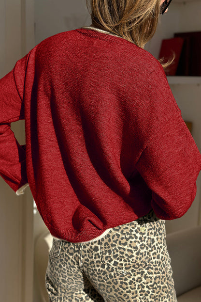 Racing Red Leopard Bow Decor Split Cuff Contrast Trim Sweater