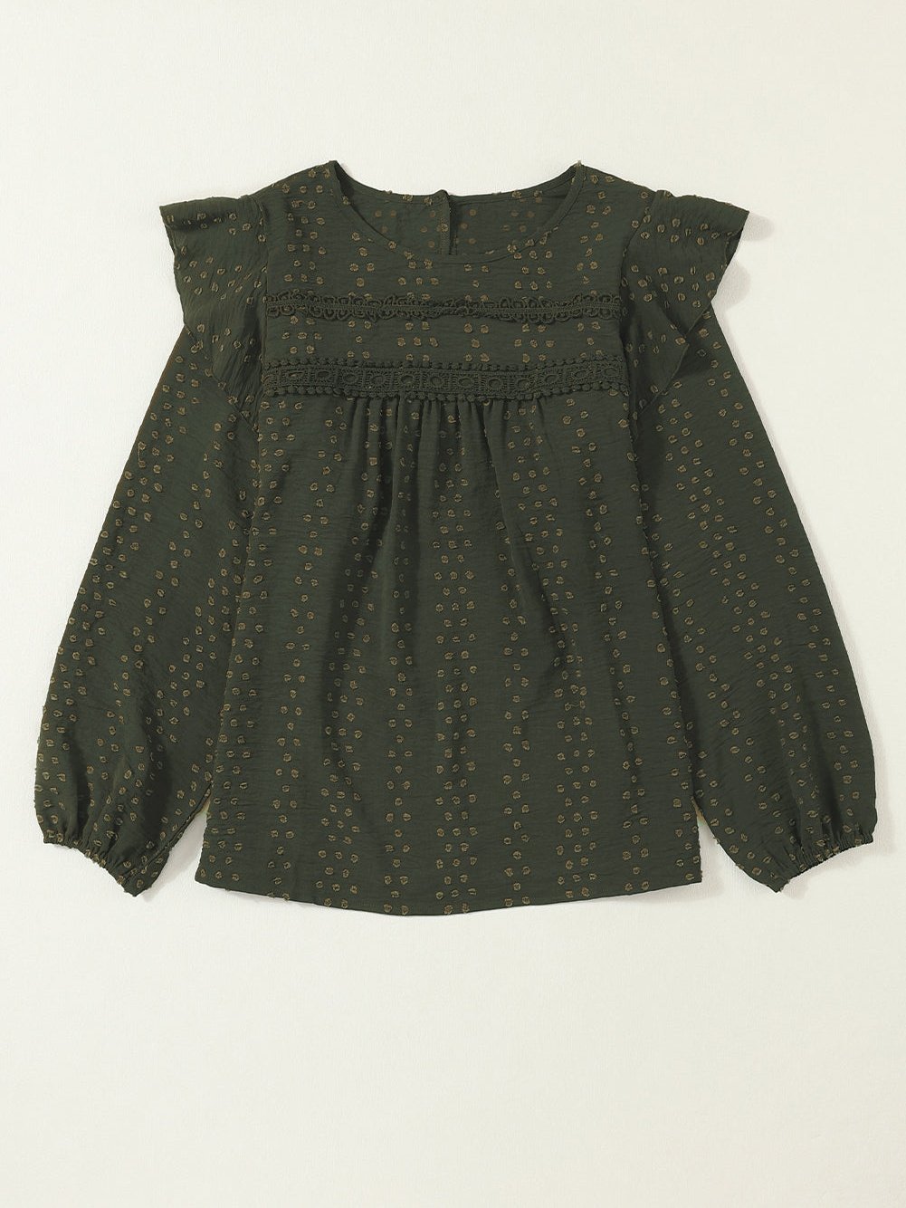 Elegant Green Lace Eyelet Shoulder Ruffle Long Sleeve Top