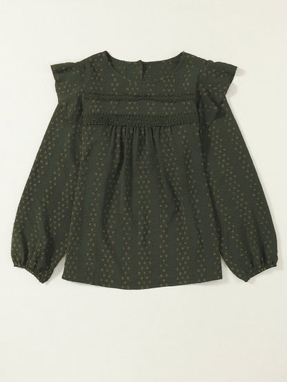 Elegant Green Lace Eyelet Shoulder Ruffle Long Sleeve Top