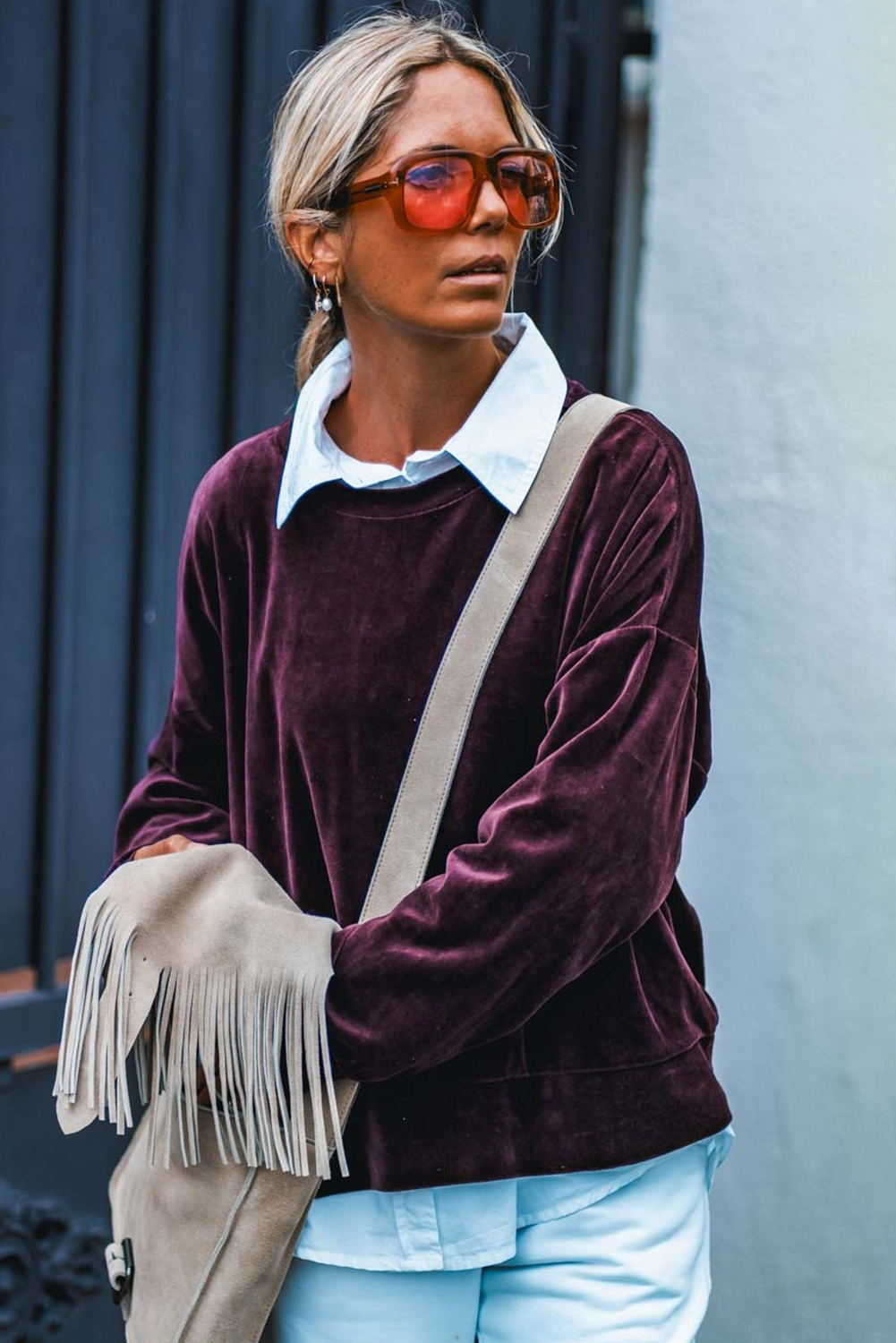 Grape Wine Long Sleeve Drop Shoulder Round Neck Loose Velvet Top