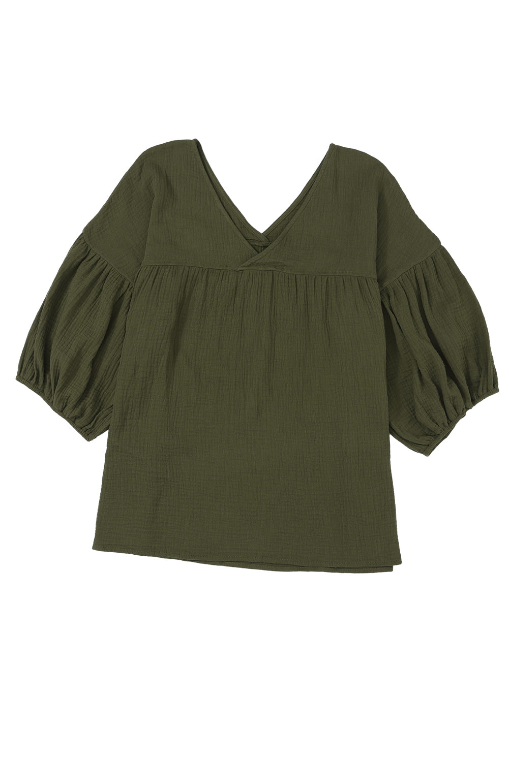 Green Textured V Neck Bracelet Sleeve Babydoll Blouse with Puff Sleeves