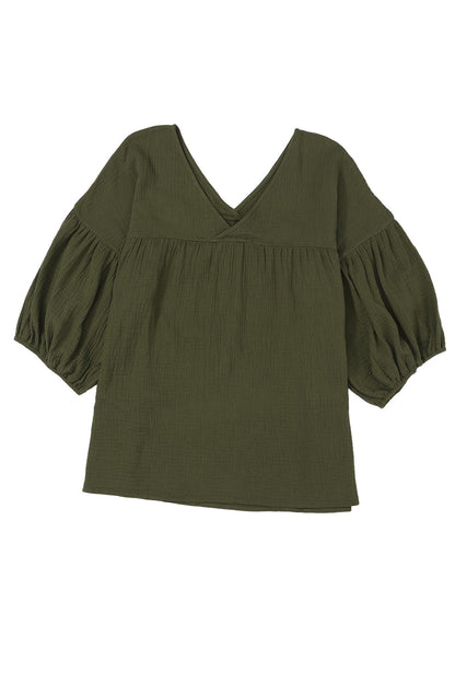 Green Textured V Neck Bracelet Sleeve Babydoll Blouse with Puff Sleeves