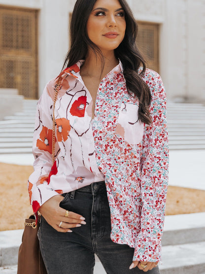 Fiery Red Floral Patchwork Button-Up Blouse with Front Pocket