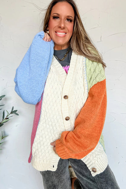 Beige Cable Color Block Knit Button V Neck Drop Shoulder Puff Sleeve Sweater