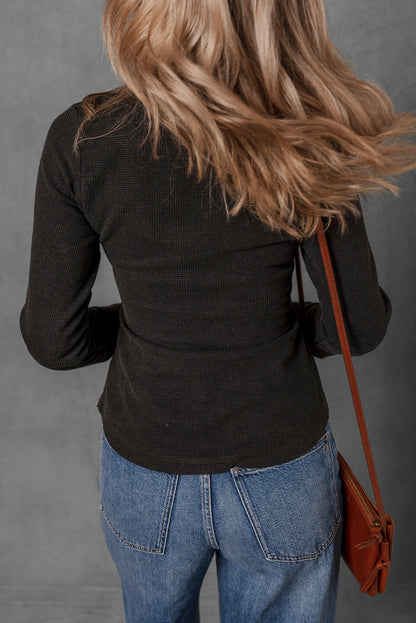 Black Mineral Wash Waffle Knit Single Chest Pocket Long Sleeve Henley Top