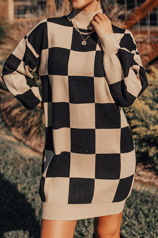 Black Checkered Pattern Knit Drop Shoulder High Neck Sweater Dress