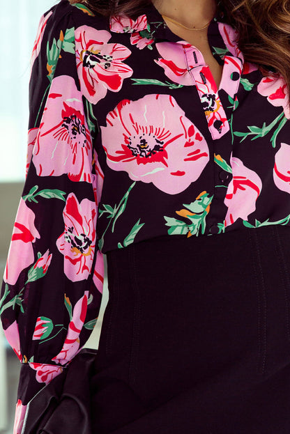 Elegant Floral Print Puff Sleeve Blouse