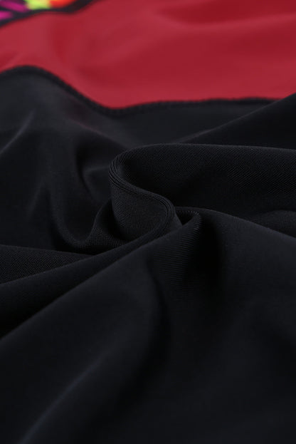 Flaming Red Blossom Striped Patchwork Rashguard One-piece Swimwear