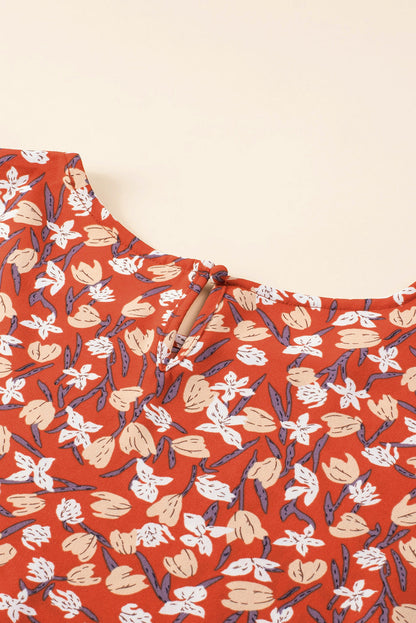 Elegant Gold Floral Square Neck Bubble Sleeve Plus Size Midi Dress