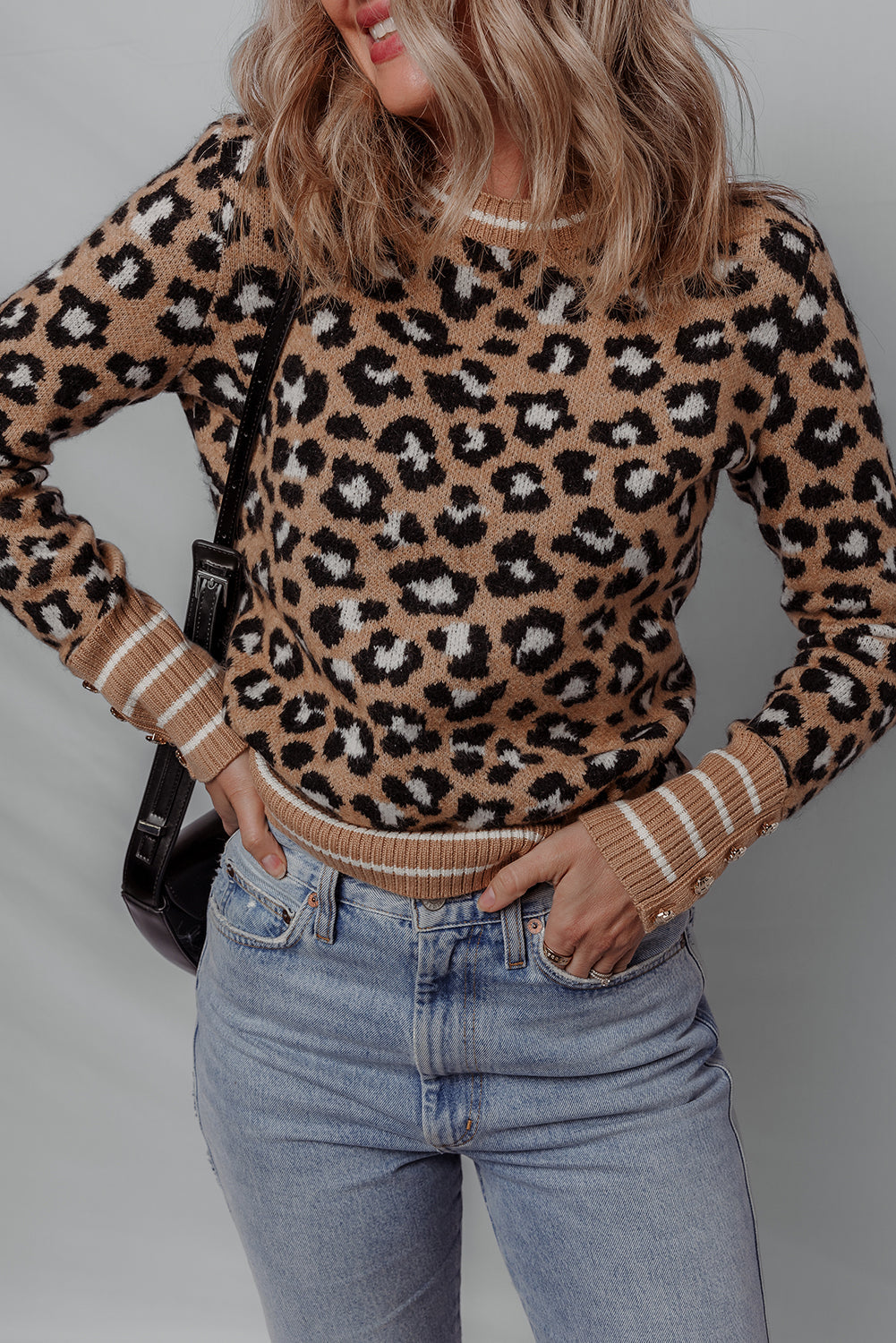 Brown Leopard Print Buttoned Sleeve Contrast Striped Edge Sweater