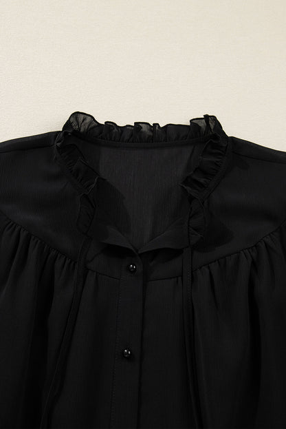Black Ruffle Balloon Sleeve Chiffon Elegant Plus Size Shirt