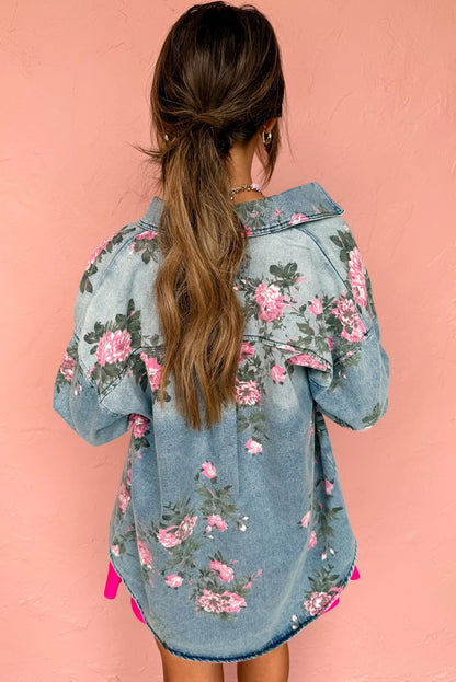 Dusk Blue Floral Print Denim Single Chest Pocket Drop Shoulder Jacket