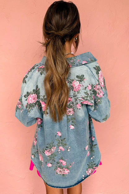 Dusk Blue Floral Print Denim Single Chest Pocket Drop Shoulder Jacket