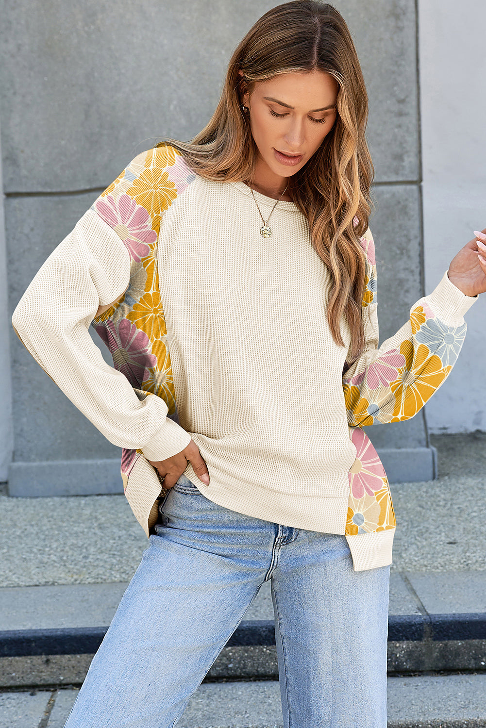 Beige Waffle Mix Texture Floral Patchwork Long Sleeve Loose Top