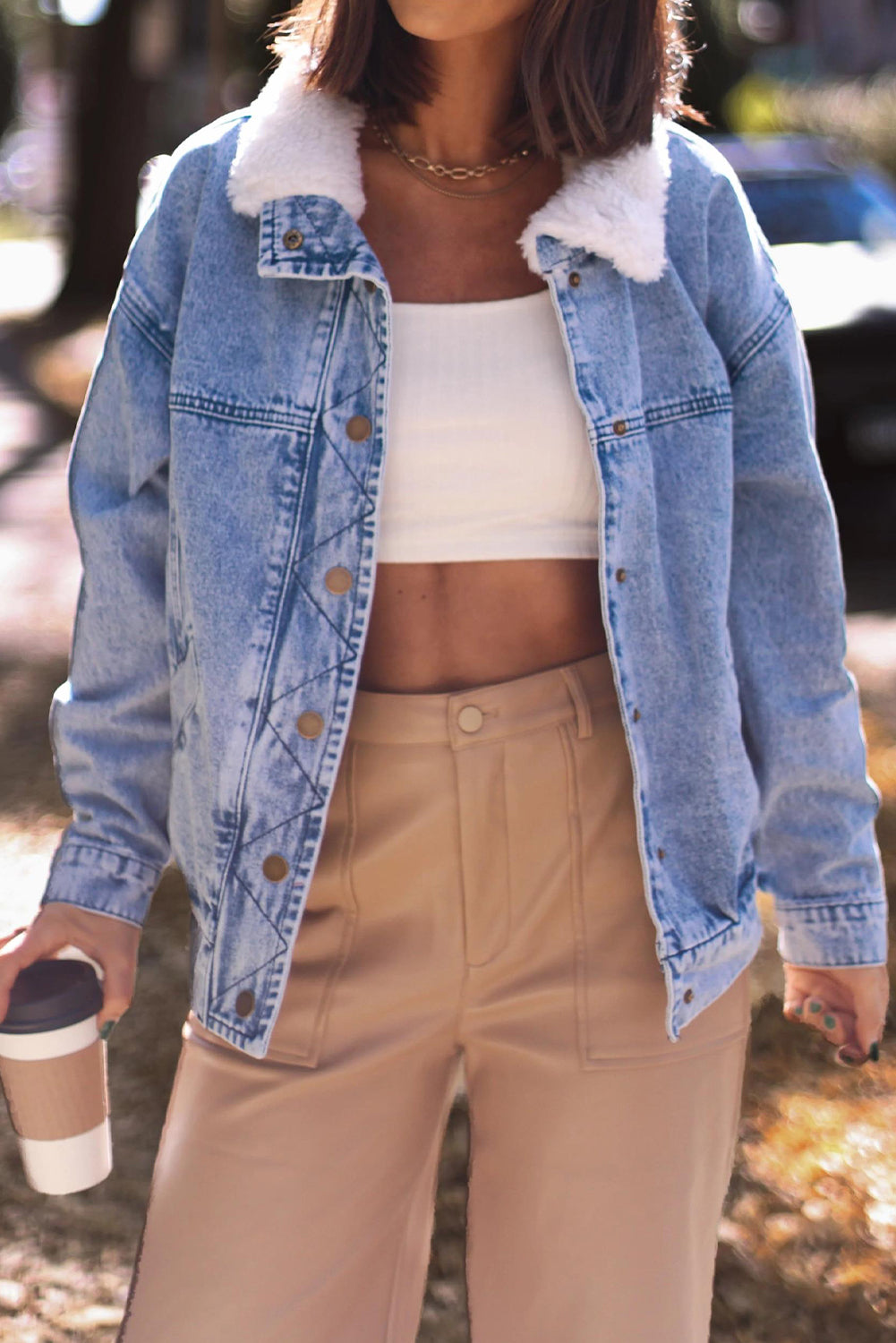 Sky Blue Sherpa Collar Durable Denim Jacket