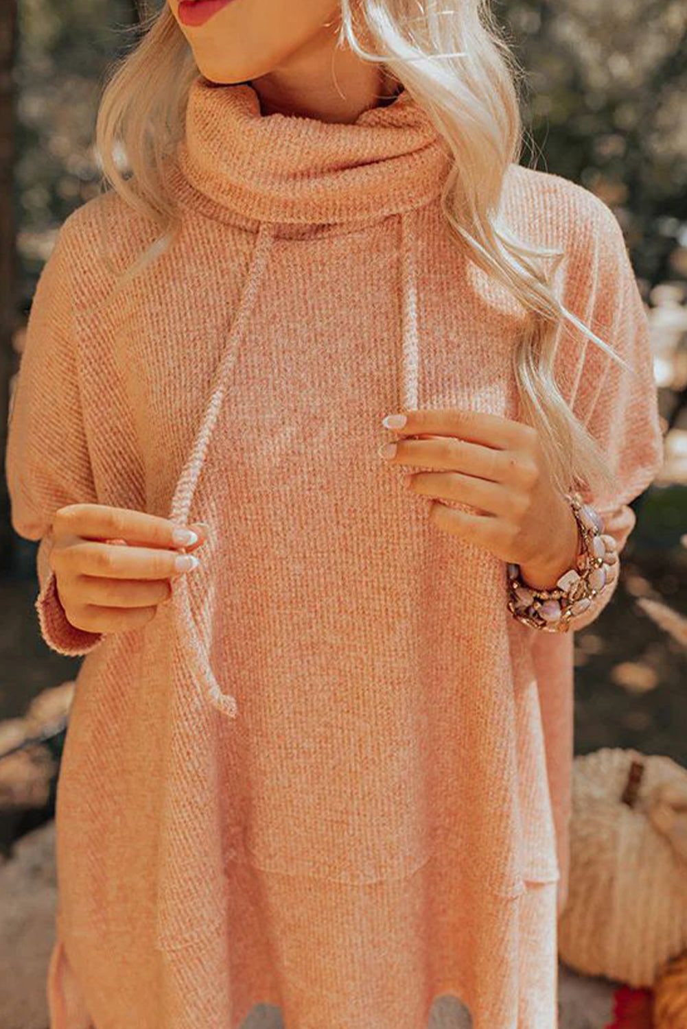 Apricot Pink Textured Knit Drawstring Cowl Neck Oversize Top with Side Slits