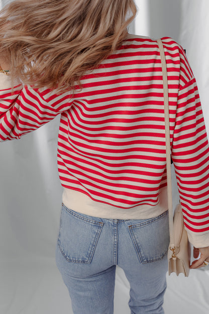 Red Stripe Contrast Ribbon Bow Detail Casual Sweater