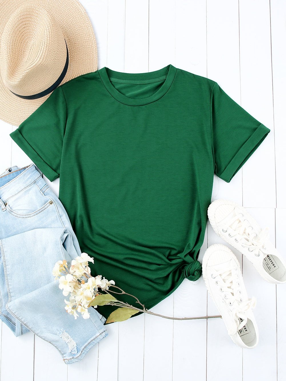 Green Casual Crew Neck T-Shirt for Women