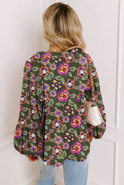 Green Floral Print V Neck Long Sleeve Blouse
