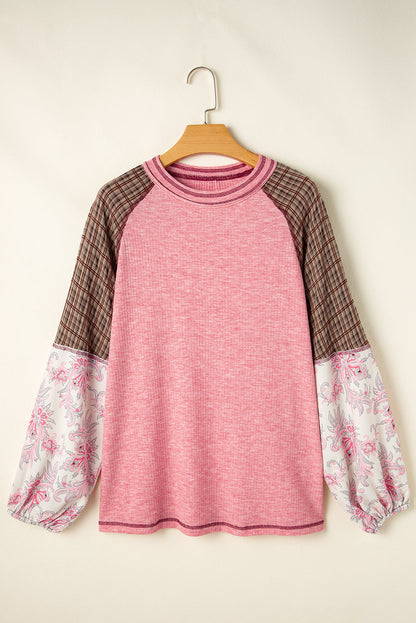 Fushia Mixed Print Raglan Sleeve Ribbed Knit Patchwork Blouse